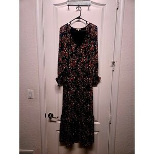 Kate & Sam Floral Maxi Dress Navy Blue Orange Chiffon Tiered Ruffle Boho Large
